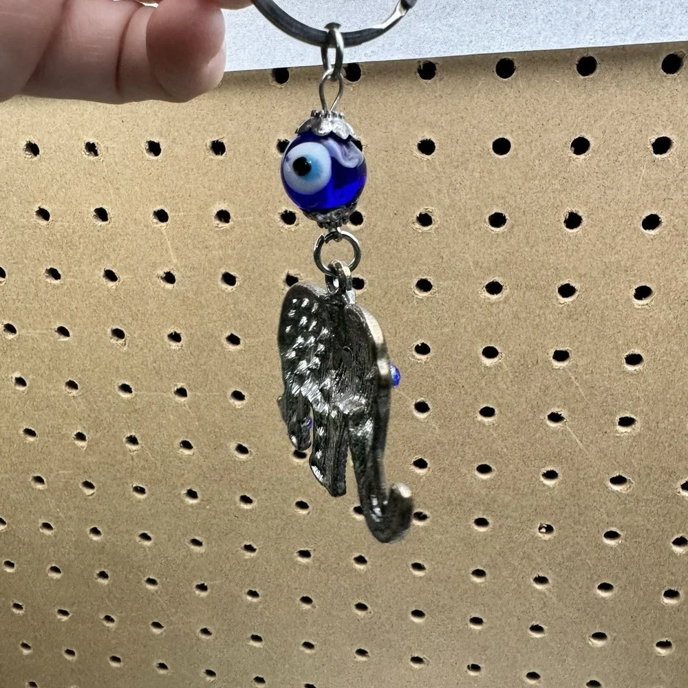 Elephant Keychain Blue Rhinestone Evil Eye Charm Silver Tone Good‎ Luck
